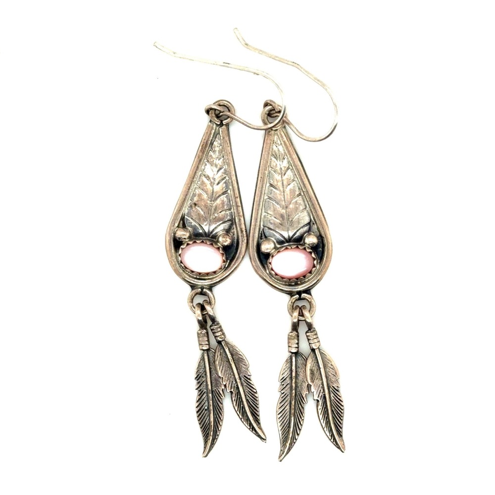 JJ Sterling Silver 925 Pink Mother of Pearl Leaf Feather Dangle Earrings
